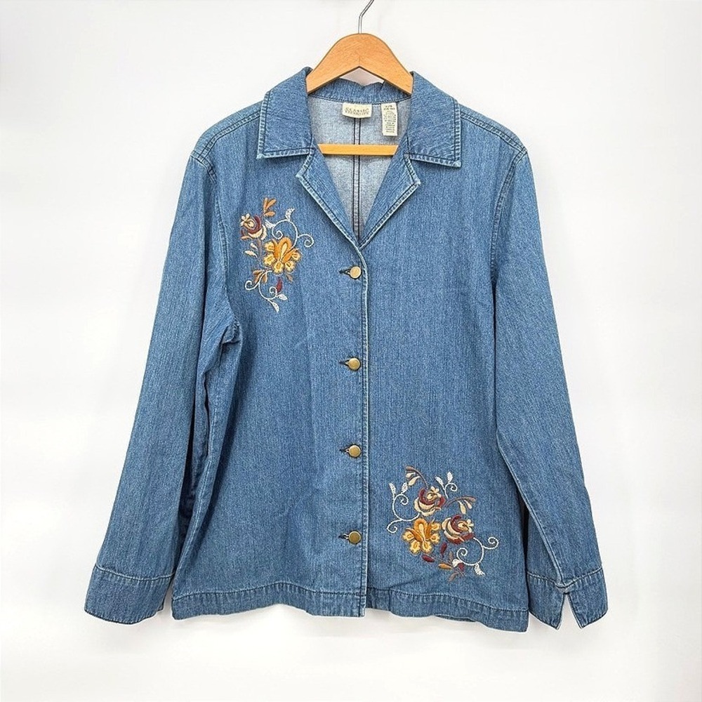 Classic Elements Denim Jacket Embroidered Floral Button‎ Front Casual Blue Large